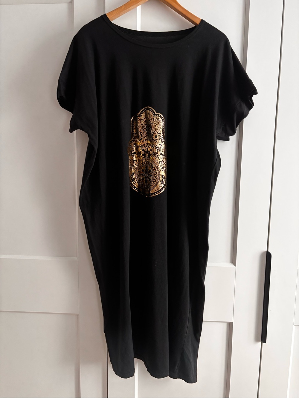 Black Dress with Gold Hamsa Print - Women's Casual Tunic Dress